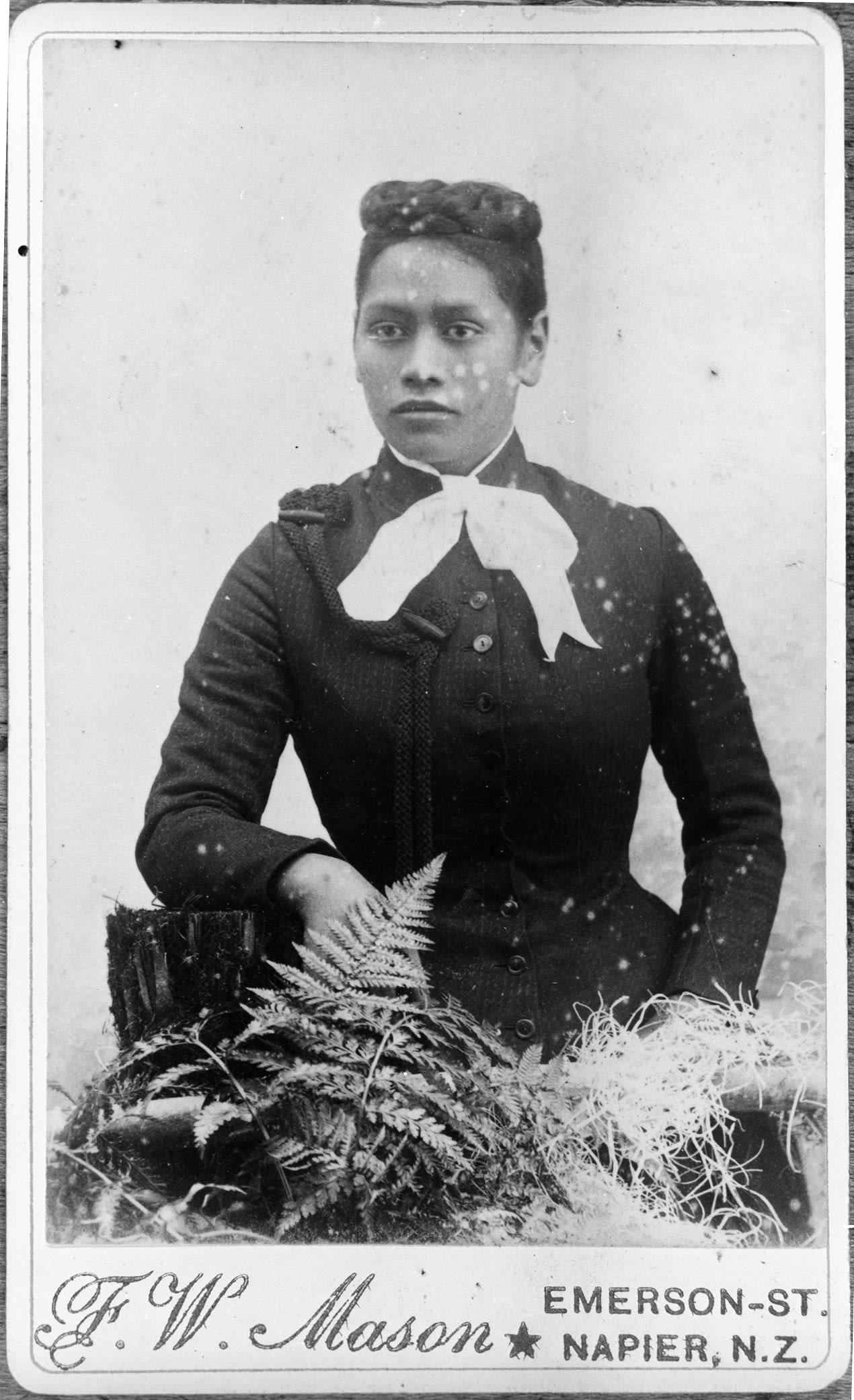 Meri Te Tai Mangakāhia sits for a formal portrait with a fern in the foreground.