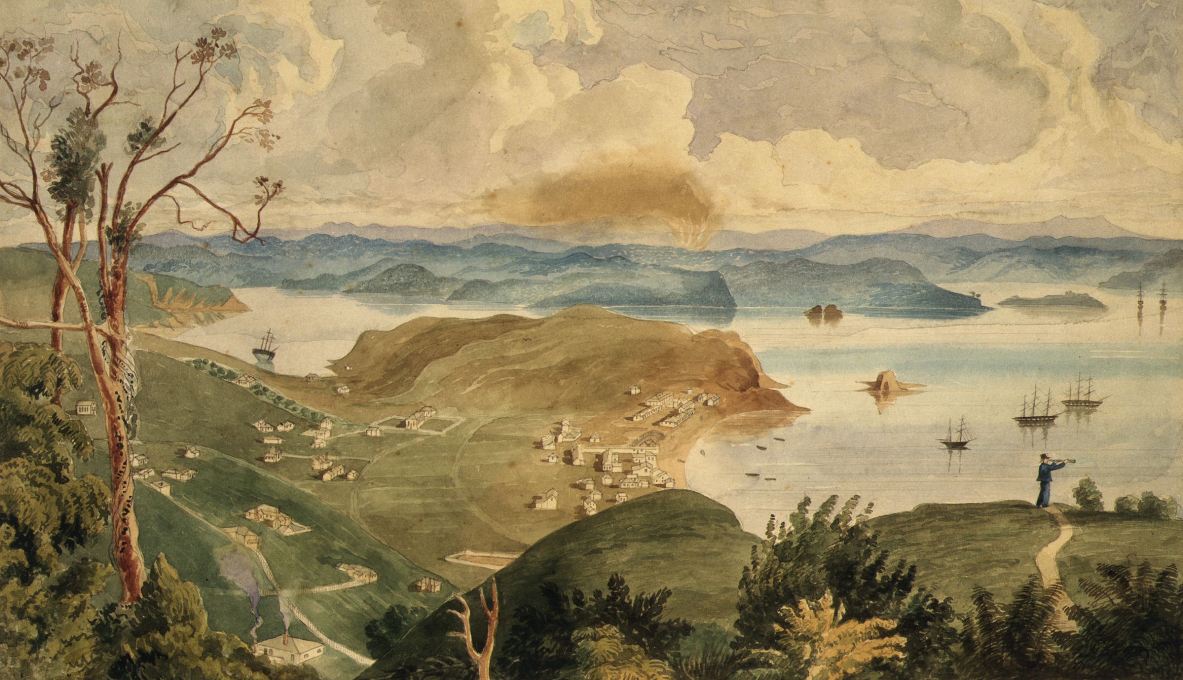 A pastel-coloured image of Kororāreka with ships in the harbour, houses clustered near the beach and a cloud of smoke rising from distant hills.