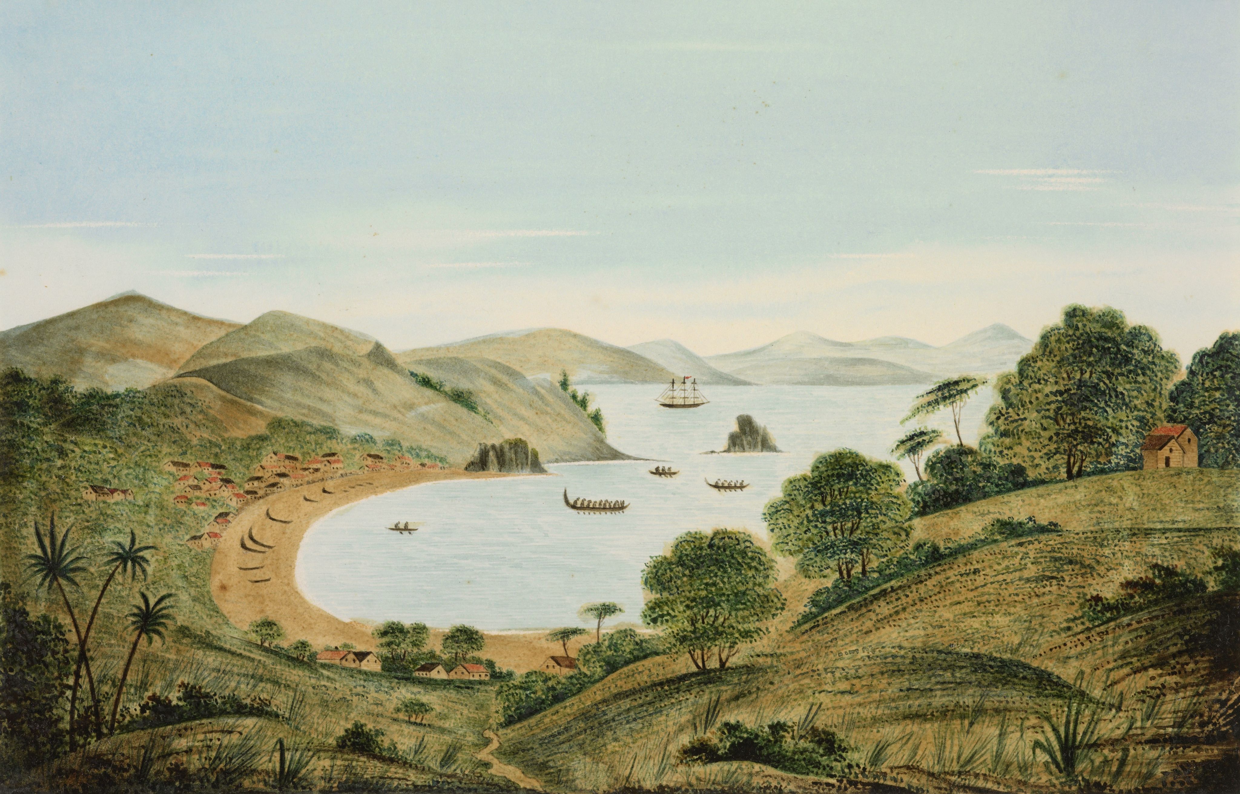 A bright green and yellow image of a wide bay full of waka and tall ships. There is a house and trees in the foreground.